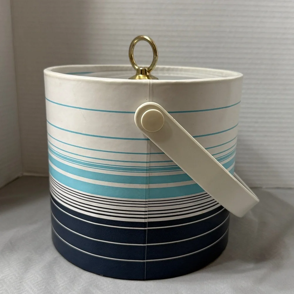 Vintage Ice Bucket 4 Glasses 4 Coasters Tongs Set in Aqua, Navy & White Stripes